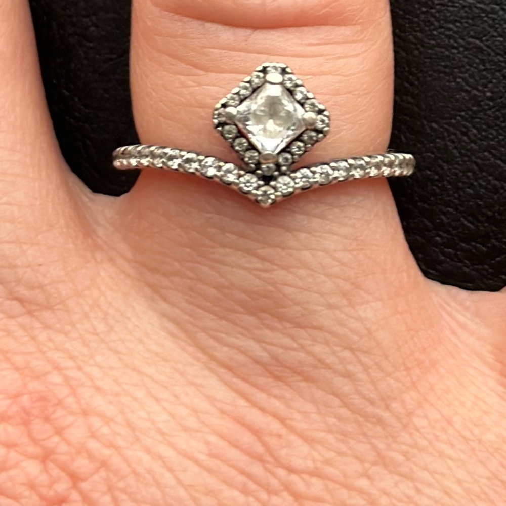 Pandora Sterling Silver with Cubic Zirconia Antique Style Wishbone Ring